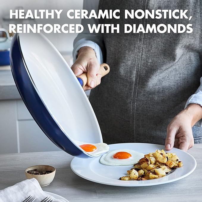GreenPan Hudson Healthy Ceramic Nonstick 4 Piece Cookware Pots and Pans Set Vintage Vintage Wood Inspired Handle PFAS-Free Dishwasher Safe Navy Blue