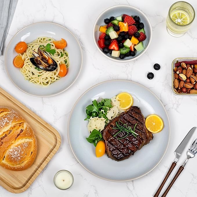 Plates and Bowls Sets for 4 - CJDC-QUELO 16-Piece Stoneware Dinnerware Sets Ceramic Dishware Set for Kitchen Use and Formal Dining Chip and Scratch Resistant Microwave Dishwasher Safe Off White