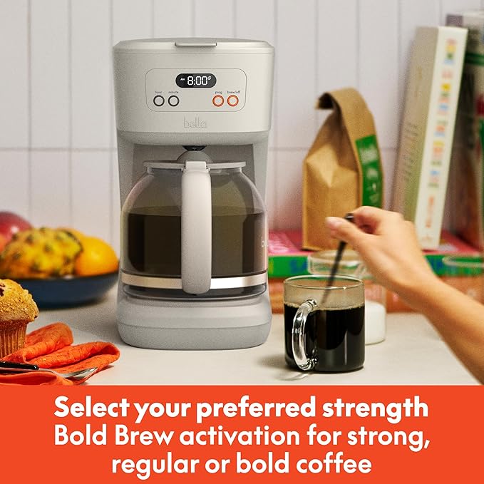 BELLA 12 Cup Programmable Coffee Marker Reusable Dishwasher Safe Accessories Easy LCD diaply Auto Shutoff 900 watt Oatmilk