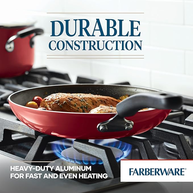 Farberware Cookstart DiamondMax Nonstick Cookware/Pots and Pans Set Dishwasher Safe Includes Baking Pan and Cooking Tools 15 Piece - Red