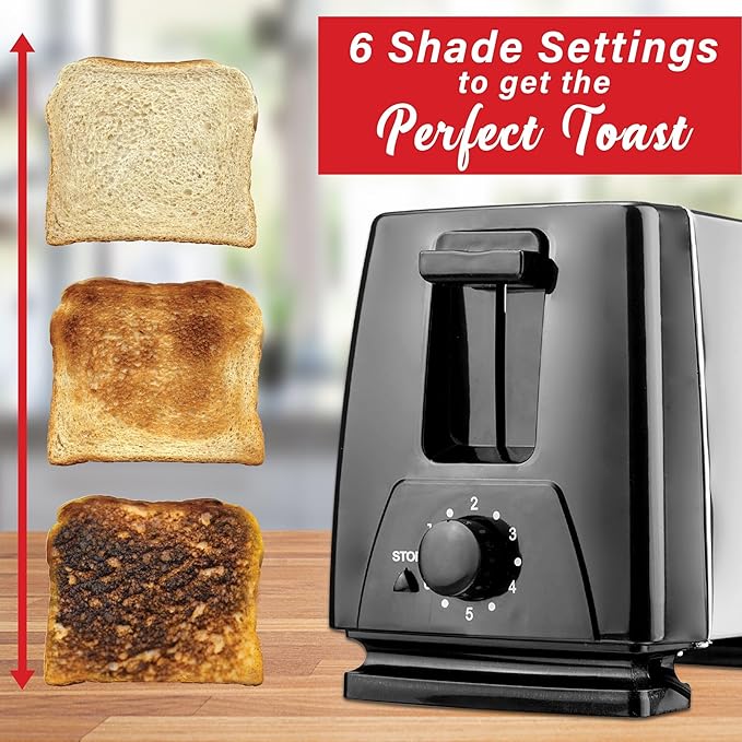 Extra 2-Slice Wide Slot Toaster with 6 Browning Settings Stainless Steel Toaster with Auto-Centering Crumb Tray &amp Stop Button – Silver Black