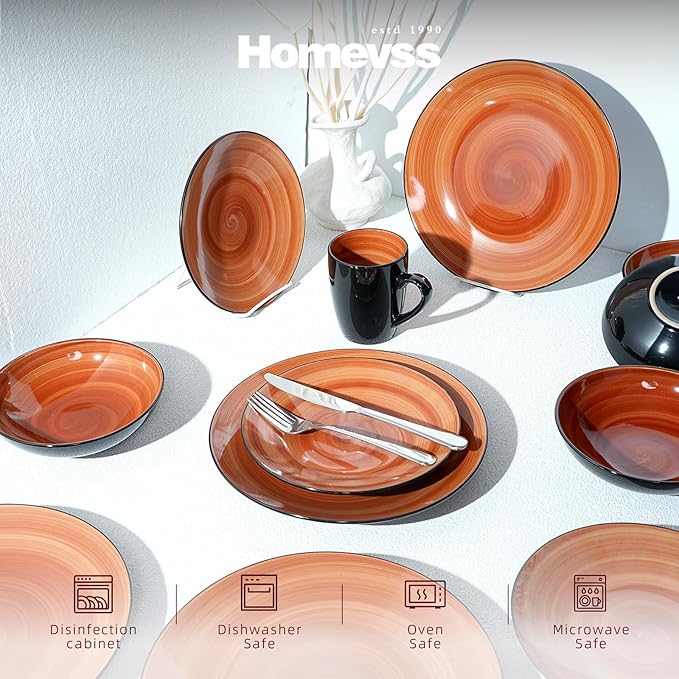 Sonoma Stoneware 16pc Dinnerware Set Outside Black + Inside Hand Painting Color Spice