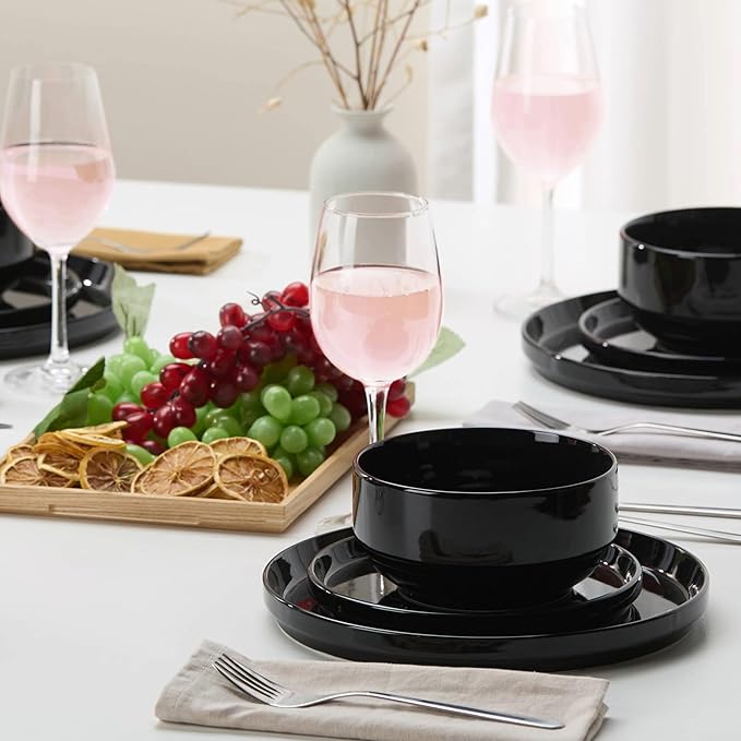 Ceramic Dinnerware Set 12-Piece Service for 4 Soup Bowls (31.5 oz) Salad Plates (7.5) Dinner Plates (10.5) Round Microwave and Dishwasher Safe Black Cambridge Classics