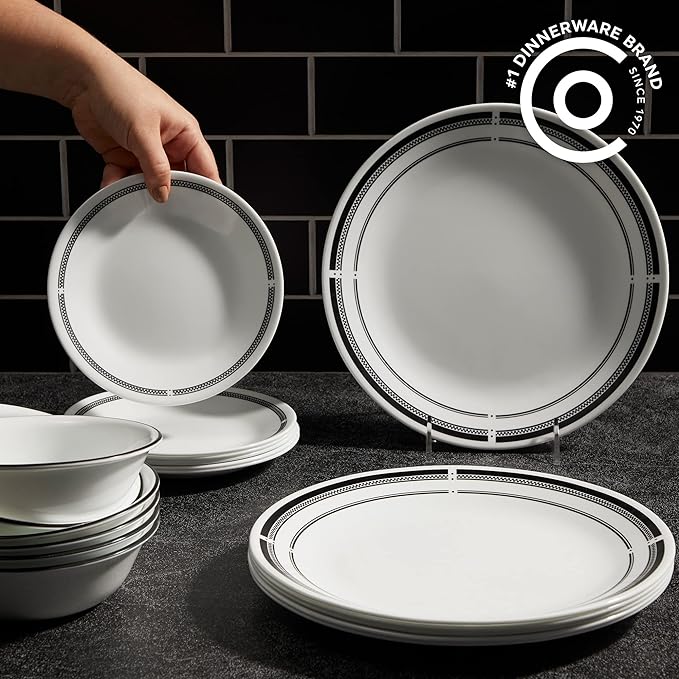 Corelle 18-Piece Round Dinnerware Set Service for 6 Lightweight Round Plates and Bowls Set Vitrelle Triple Layer Glass Chip and Scratch Resistant Microwave and Dishwasher Safe Brasserie