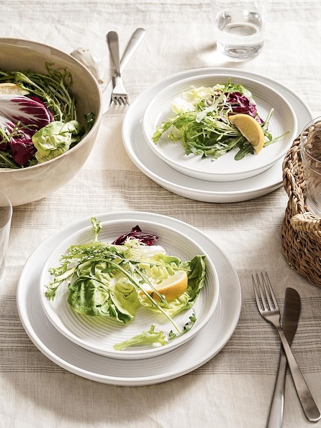 LE TAUCI Dishes Set with Pasta Bowls for 4 Stoneware Dinnerware Set 10 Dinner &amp 8 Salad Plates 6 Bowls 8.5 Pasta (30 oz) Stackable Microwave &amp Dishwasher Safe Ceramic 16-Piece Whit