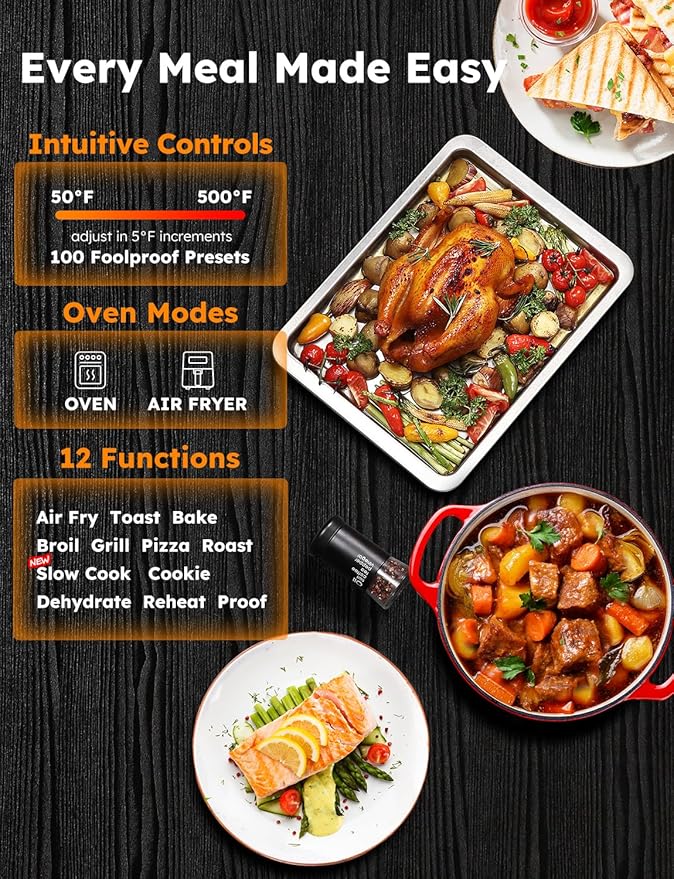 Nuwave Bravo Pro Smart Toaster Oven Countertop True Air Fryer Combo w/Improved 100% Convection 35% Crispier 112 Presets Customizable Pizza Zones Integrated Probe PFAS Free 30QT Stainless Steel