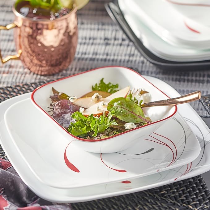 Corelle Vitrelle 18-Piece Service for 6 Dinnerware Set Triple Layer Glass and Chip Resistant Lightweight Square Plates and Bowls Set Splendor