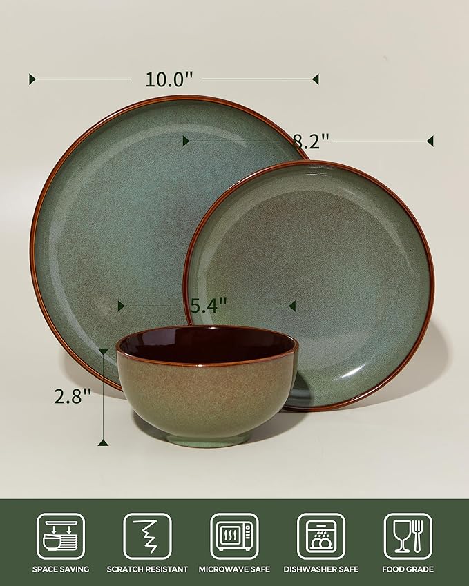 36 Piece Stoneware Dinnerware Sets Ceramic Plates and Bowls Set Microwave &amp Dishwasher Safe Kitchen Dish Set Modern Dinner Salad Plates | Cereal Bowls for 12 Dishware Sets Sage Green