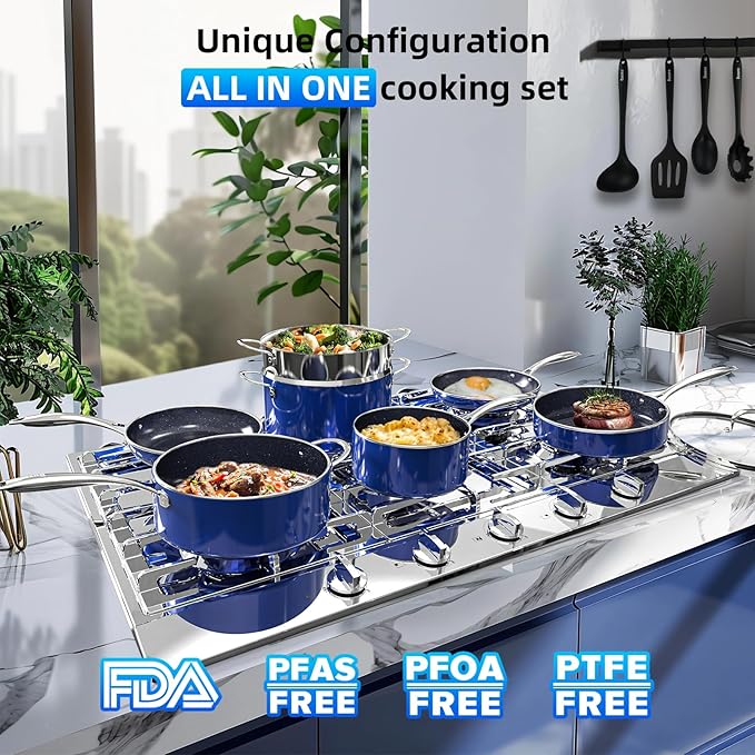Deluxe DUXANO 14PC Healthy Pots and Pan With 9H Anti-scratch Coating 2-Layer Non-Stick Ceramic&ampPFAS Free Sensitively&ampEvenly Induction Cooking Enhanced Flavor with Infrared Cookware Dishwas
