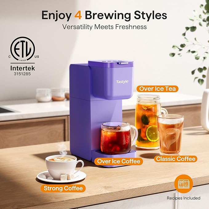 Single Serve Coffee Maker for K Cup Ground and Tea Hot and Iced Coffee Machines with Bold Setting 6 to 16 Oz Brew Sizes Compact for Small Spaces Purple (2.0 Version)