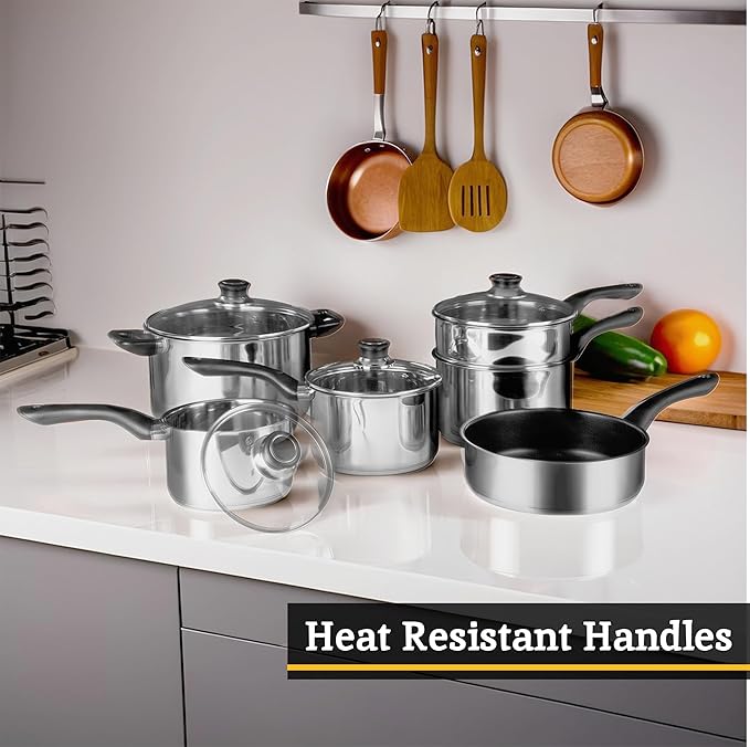 Premier Housewares 6 Piece Saucepan Set | Induction Hob Pan Set with Glass Lids | Stainless Steel Pans Set with Non Stick Saucepan | Cooking Pots Kitchen Set with Bakelite Handles