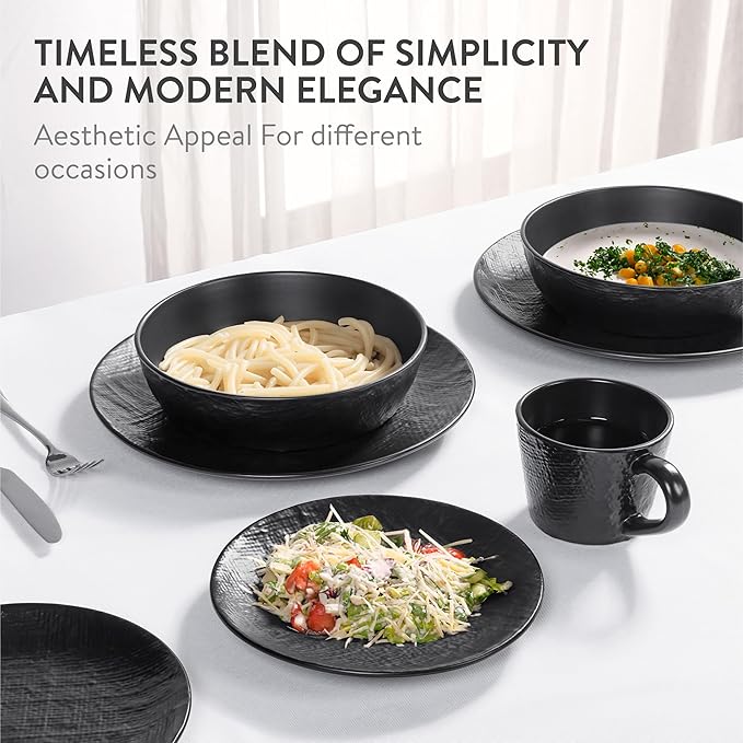 Navaris Linen Artisan Stoneware Dinnerware Set (16 Pieces) - Dishwasher and Microwave Safe Plates Bowls Mugs in Charcoal Black