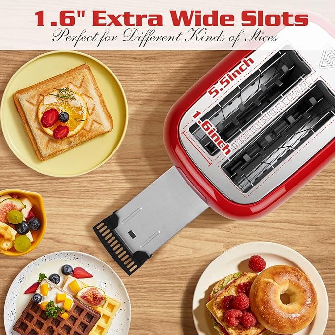 Aigostar Toaster 2 Slice Retro Extra-Wide Slot Toasters Best Rated Prime for Toasting Bagels Breads Waffles &amp More Cancel Defrost &amp 6 Browning Removable Crumb Tray Stainless Steel Red