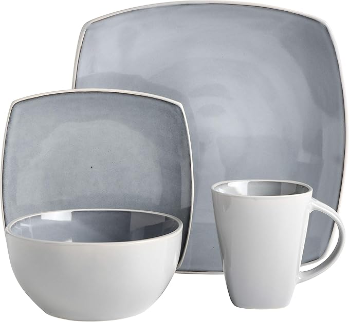 Gibson Elite Soho Lounge Square Reactive Glaze Stoneware Dinnerware Set Service for 4 (16pc) Light Gray