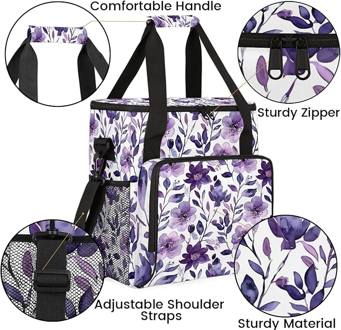 Flower Purple Coffee Maker Carring Bag Large Insulated Storage Organizer Case Tote Bags with Shoulder Strap for Travel Work Picnic