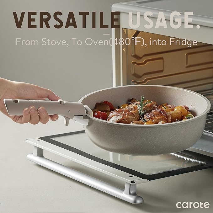CAROTE 19pcs Pots and Pans Set Non Stick Nonstick Cookware Set Detachable Handle Induction Kitchen Cooking Sets with Removable Handle RV Kitchen Oven Safe Taupe
