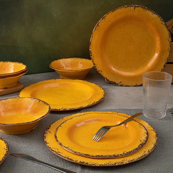 LEHAHA Melamine Dinnerware Sets Outdoor Use Harvest Dinner Plates and Bowls Sets Great for RVs Camping Light Weight and Unbreakable 12 Piece Dishes Dinnerware Set for 4 (Gold)