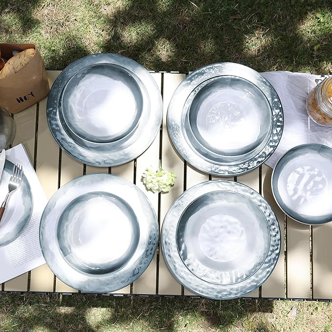 Melamine Dinnerware Sets-12 Pieces Outdoor Plates and Bowls Set for 4 Durable Dinner Plates for Camping Picnics Party Chip Resistant Dishes Grey Blue Dishwasher Safe