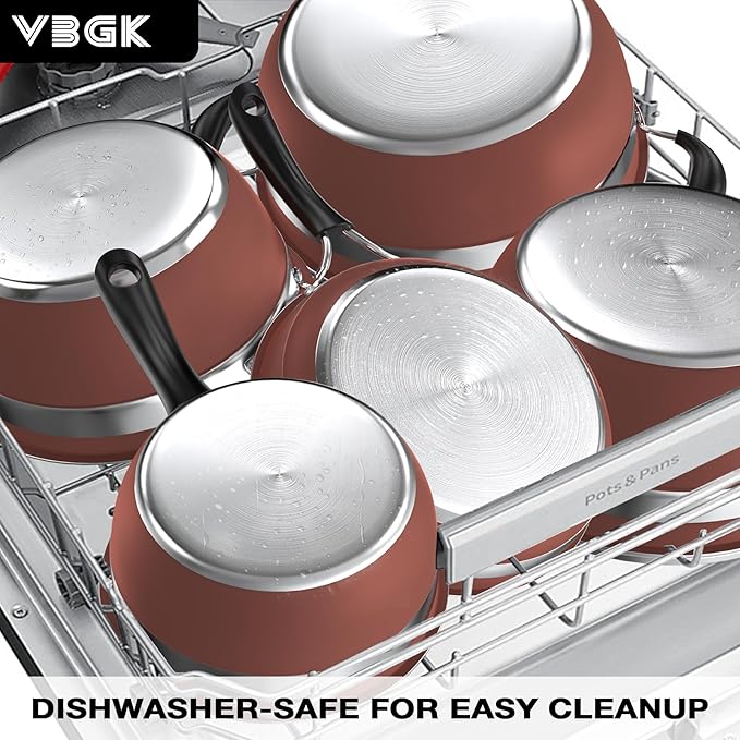 VBGK Pots and Pans Set Stainless Steel Cookware Set 10 PieceNon Toxic Kitchen Induction Cookware SetKitchen Cooking Set with Tempered Glass lid &amp Stay-Cool HandleDishwasher Oven SafeStackable