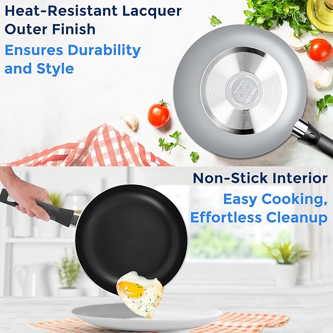 SereneLife Kitchenware Pots &amp Pans Basic Kitchen Cookware Black Non-Stick Coating Inside Heat Resistang Lacquer (11 Piece set) One Size Gray