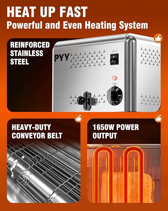 PYY Commercial Toaster 4 Slices with 2/4 Slice Option 120pcs/h 6-Level Setting Toaster with Removable Crumb Tray 1.1 inch Wide Slot for Bagel Bread Stainless Steel for Restaurant Home 1200W