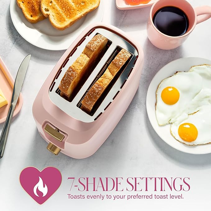 Paris Hilton 2-Slice Toaster Extra-Wide Slots 7 Browning Settings Bagel &amp Defrost Functions Removable Crumb Tray Pink