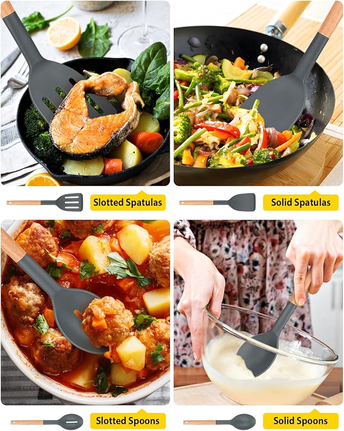 Pack of 4 Silicone Cooking Utensils Set Non Stick Solid Spatulas and Heat Resistant Slotted Spoons with Wooden Handle Ideal Wood Kitchen Utensils Set for FryingServingTurningStirring (GRAY)