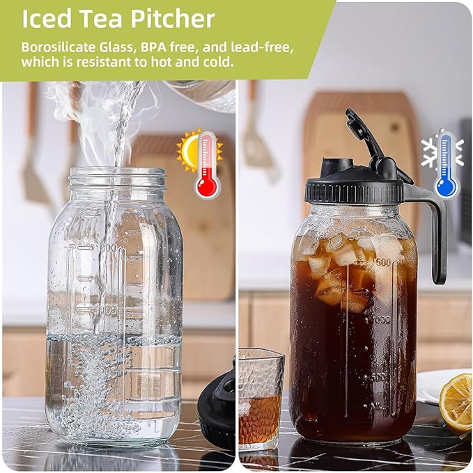 2 Quart Glass Pitcher with Lid for Fridge Cold Brew Coffee Maker 64 oz 2 Pack Airtight Leakproof Iced Tea Pitcher with Stainless Steel Filter New Years Gifts for Friends (Black &amp Gray)