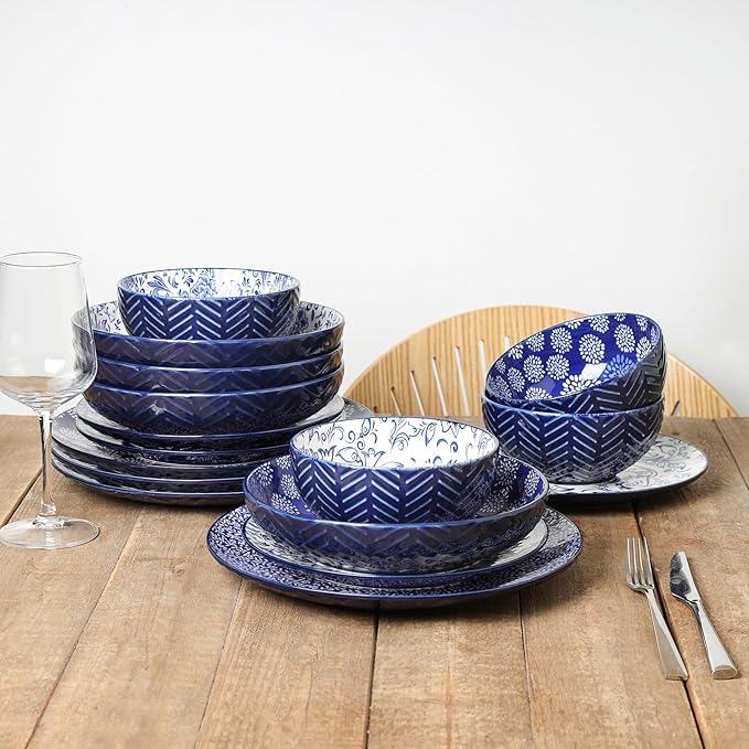 Selamica Ceramic Plates and Bowls Sets 32 Pieces Dinnerware Sets for 8 Scratch Resistant Embossed Dishes Set for Family Gatherings Dishwasher &amp Microwave Safe Dark Blue