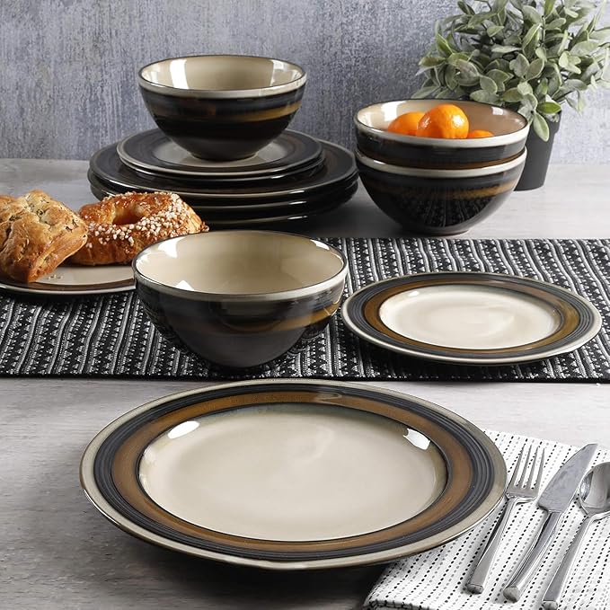 12-Piece Stoneware Dinnerware Set in Brown Modern Glazed Dishware Collection for Everyday Dining