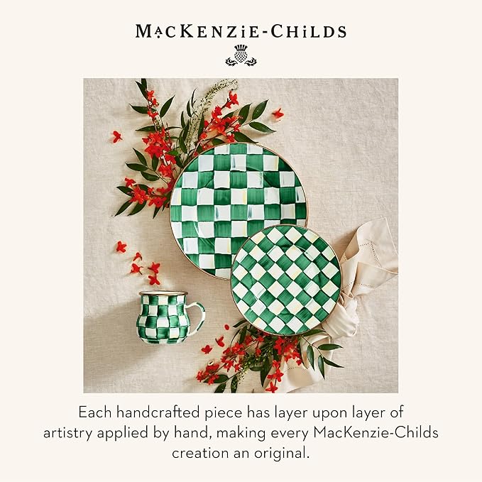 MACKENZIE-CHILDS Enamel Dinner Plate Decorative Dinnerware Plate 10 Inches Green-and-White Emerald Check