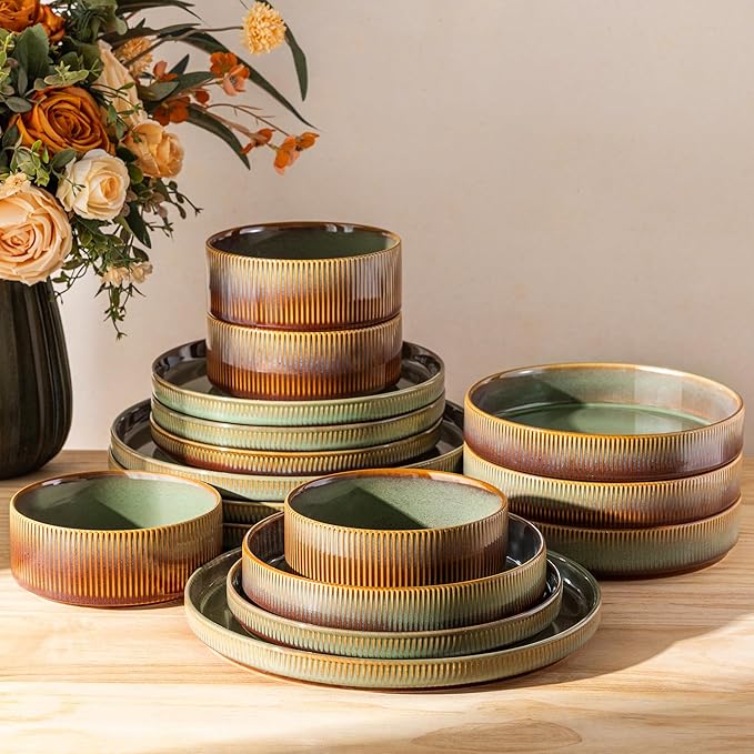 TheTerra Ceramic Dinnerware Sets with Pasta Bowls for 4 16 Pieces Porcelain Lightweight Plates and Bowls Sets Scratch Resistant Dish Set Oven &amp Microwave &amp Dishwasher Safe Sage Umber