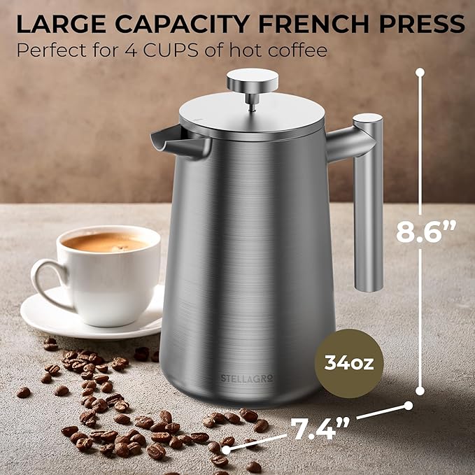 French Press Coffee Maker Stainless Steel French Press 34 Oz / 1L Large Insulated Double Wall Coffee Maker with 3 Extra Mesh Filters Satin Finish Silver