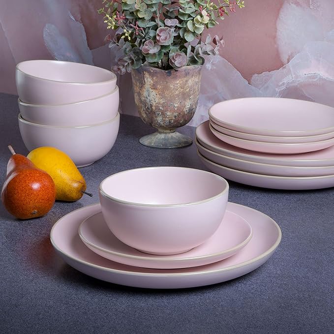 Gibson Home Rockaway 12-Piece Round Stoneware Dinnerware Set Service for 4 – Pink Plates and Bowls Modern Matte Finish Microwave &amp Dishwasher Safe
