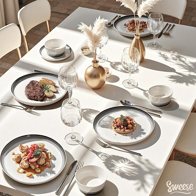 Sweese 12 Piece Dinnerware Sets for 4 - Porcelain Plates and Bowls Set - Scratch Resistant Dishwasher and Oven Safe Round Dinner Sets - Dish Sets -White and Blue Gradient