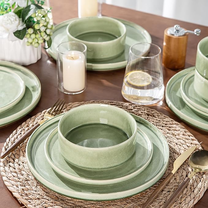 AmorArc Ceramic Dinnerware Sets with Pasta Bowl Handmade Reactive Glaze Plates and Bowls SetsHighly Chip and Crack Resistant | Dishwasher &amp Microwave Safe Dishes Set Service for 4 (16pc)