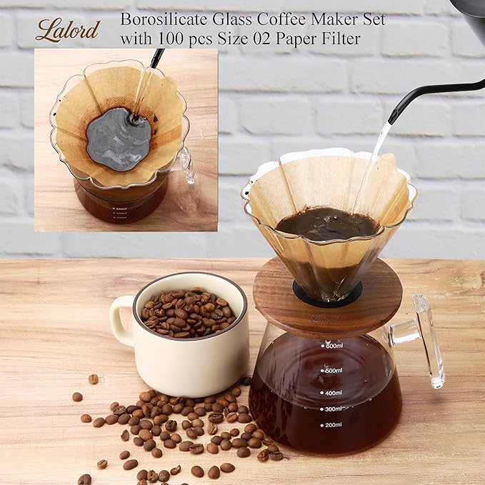 Pour Over Coffee Maker 20 oz Borosilicate Glass Set with 100 pcs Paper Filter Walnut Collar &amp Glass Lid Drip Coffee Maker 1-3 Cups Clear 600 ml Petal Shape