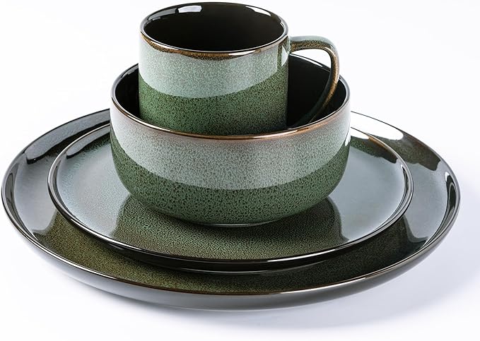 LERATIO Ceramic Dinnerware Sets for 416-PieceReactive Glaze Plates and Bowls Set with MugsHighly Chip and Crack Resistant | DishwasherMicrowave &amp Oven Safe Dishes set-Green