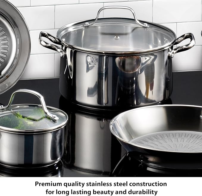 T-fal Performa Stainless Steel Cookware Set 12 Piece Induction Oven Broiler Safe 500F Pots and Pans Dishwasher Safe Silver