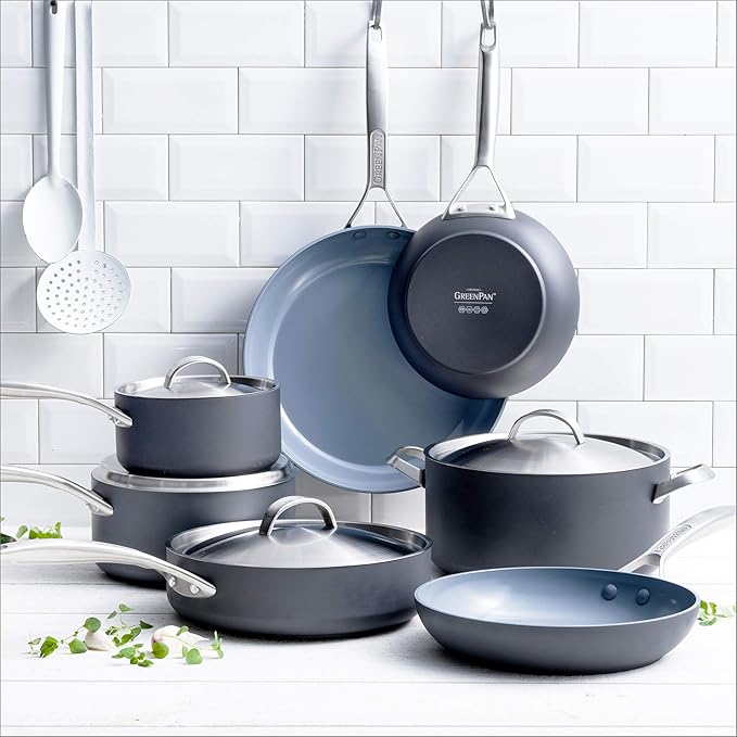 GreenPan Paris Pro Hard Anodized Healthy Ceramic Nonstick 14 Piece Cookware Pots and Pans Set with Stainless Steel Lids PFAS-Free Dishwasher Safe Grey