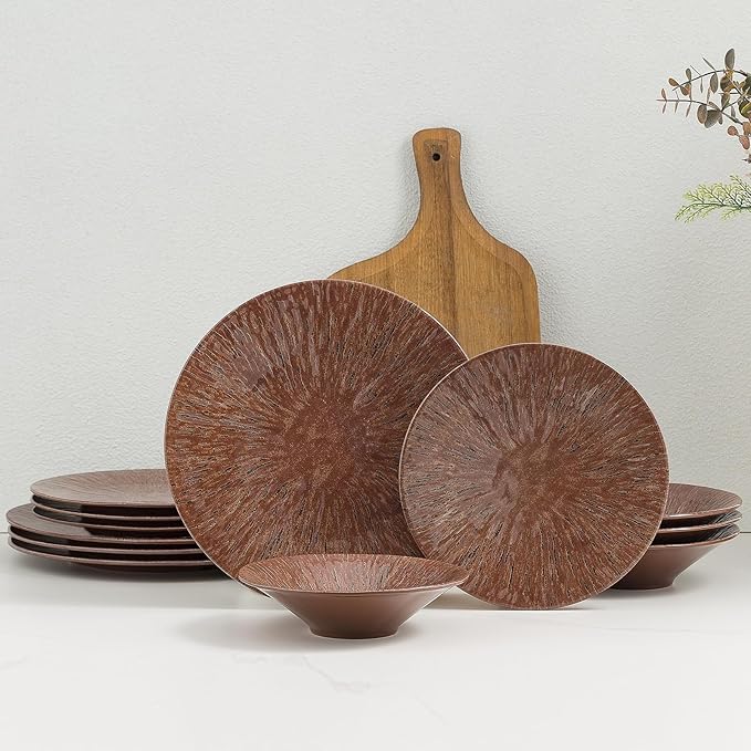 MissYIP 12 Pcs Unbreakable Dinnerware Set - Service for 4 Dishwasher Safe Plates and Bowls - Ideal for Party Camping Indoor &amp Outdoor Use (Brown)