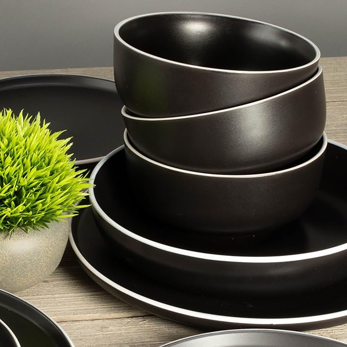 BIA Cordon Bleu Stoneware Tempo 16-Piece Dinnerware Set Double Bowl Onyx
