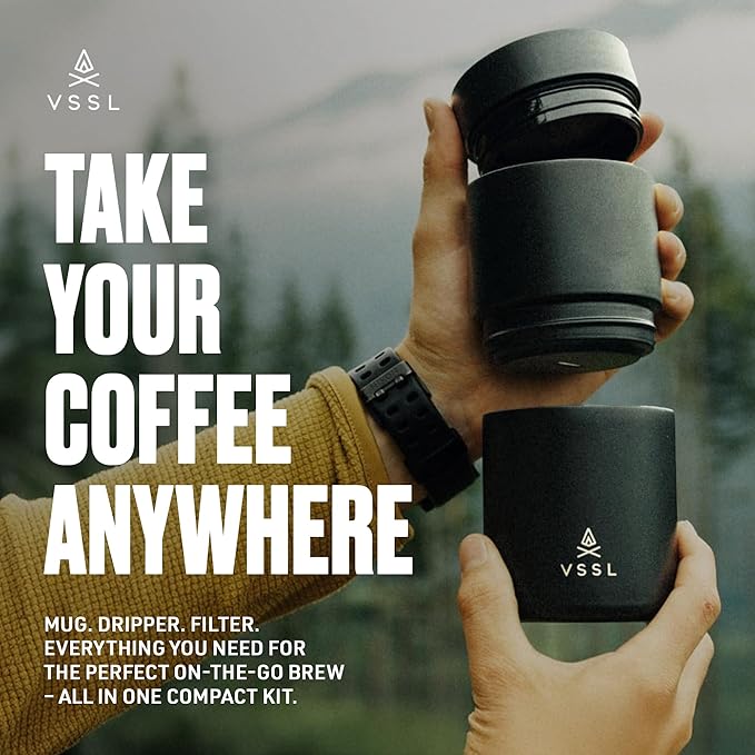 VSSL - Nest Pour Over Coffee Set | Coffee Maker for Camping | All-In-One Travel Pour Over | Transportable Dripper 10oz Stainless Steel Travel Mug | Compact Storage &amp Adventure Ready | Black