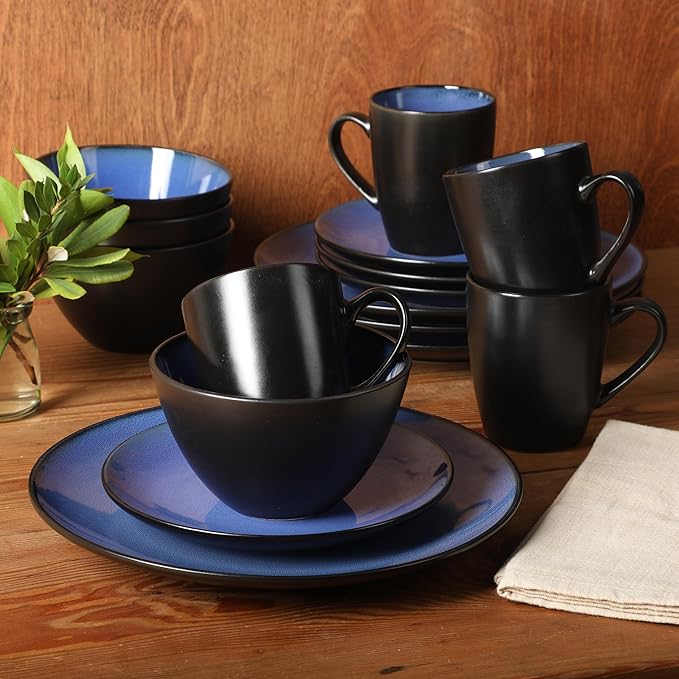 Gibson Elite Soho Lounge Round Reactive Glaze Stoneware Dinnerware Set Service for 4 (16pc) Blue Soho Round.