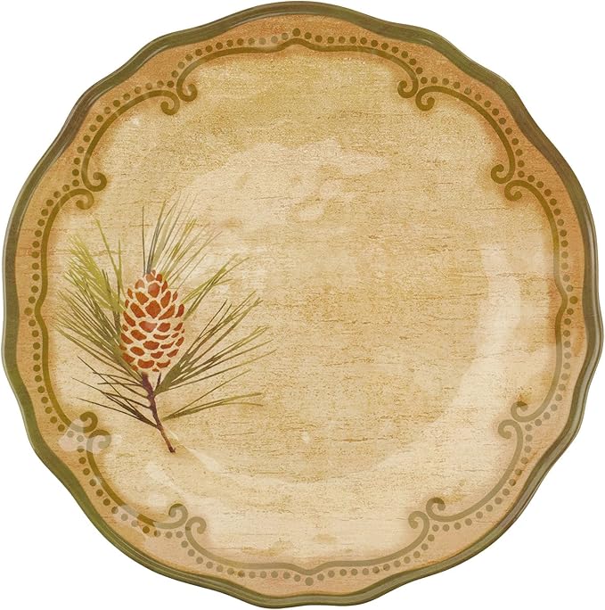 UPware 12 Piece Woodland Pinecone Melamine Dinnerware Sets Outdoor Dishes Set Plates and Bowls Sets Service for 4 Dark Green