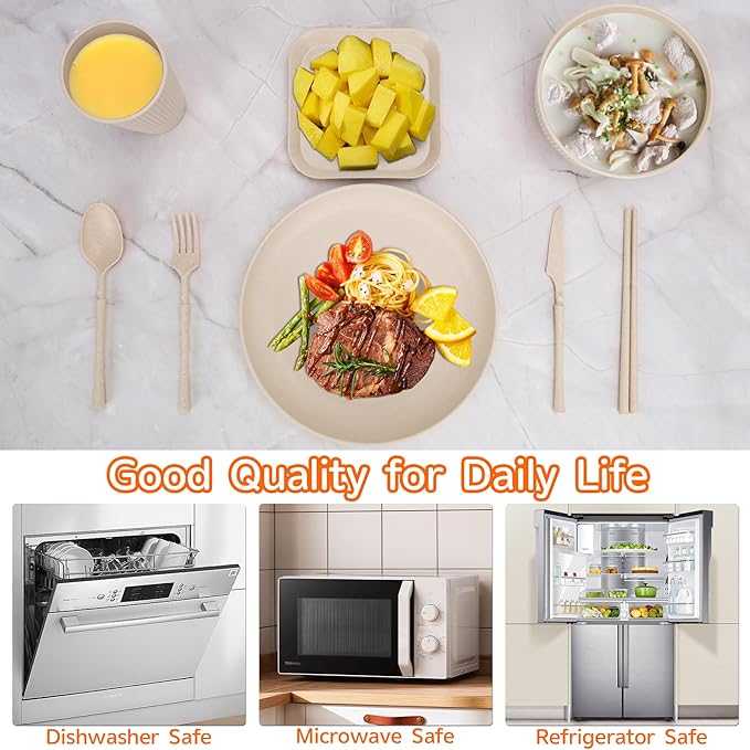 48 Pcs Dinnerware Sets Unbreakable Plates and Bowls Sets Reusable Dinnerware Sets for 4 People Travel Camping Picnic Home Party Cutlery Set Dishwasher Microwave Safe Dishes