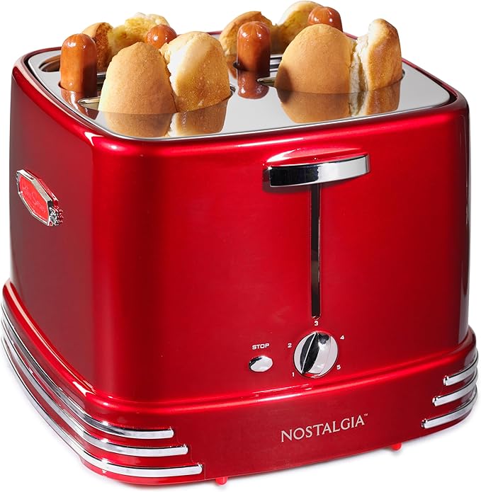Nostalgia 4 Slot Hot Dog and Bun Toaster with Mini Tongs Hot Dog Toaster Works with Chicken Turkey Veggie Links Sausages and Brats Metallic Red