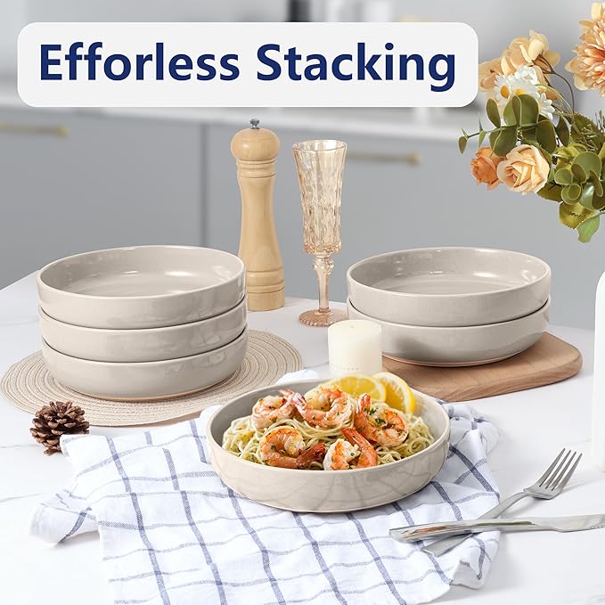 LIANYU 24Pieces Dinnerware Sets with Double Bowls Plates and Pasta Bowls Set for 6 Ceramic Dinner Dishware for Kitchen Dining Microwave &amp Dishwasher Safe Milky Brown