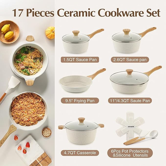 Ceramic Nonstick Pots and Pans Set 11Pcs Healthy Non Stick Cookware Set with Pots Protectors Induction Kitchen Cookware Sets White