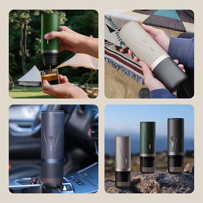 Portable Espresso MakerSelf-Heating Electric Mini Coffee MachineUp to 20-Bar PressureCompatible with NS Capsules &amp Fine GrindCoffee Maker for Outdoor CampingHikingRV &amp Car travel (Cream